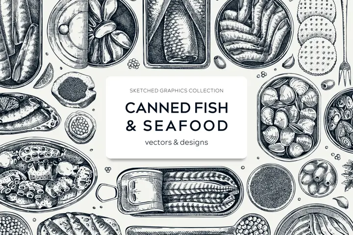 Canned Fish Sketches Set. Seafood Restaurant Designs. Hand-drawn Vector Illustrations